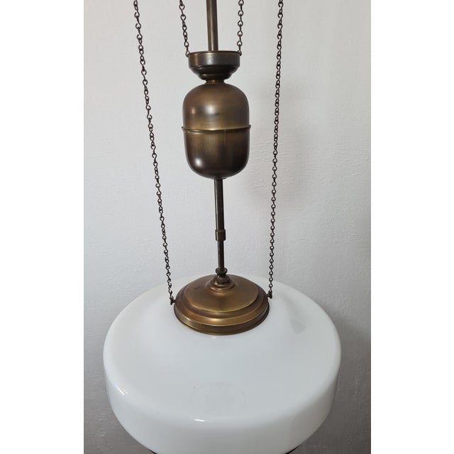Metal Art Deco Adjustable Pendant Lamp in Brass and Opal Glass, 1930s-1940s For Sale - Image 7 of 14