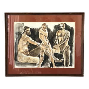 1980's Watercolor of Three Nude Men by M Eames