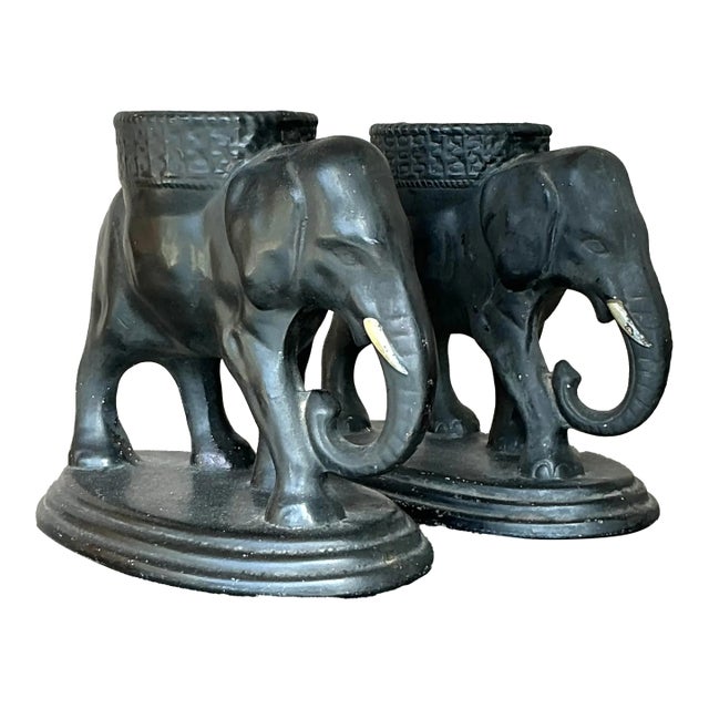 Vintage Boho Matte Glazed Ceramic Elephants- Set of 2 For Sale