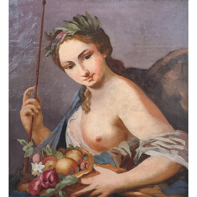 Antique waist-length portrait of a goddess-esque woman holding an arrow and bearing fruit. The medium is oil on canvas....