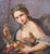 Antique waist-length portrait of a goddess-esque woman holding an arrow and bearing fruit. The medium is oil on canvas....