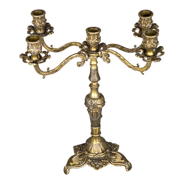 Antique Italian Ornate Gold Candelabra 5 Arms With Koi Fish and Flower Accents For Sale