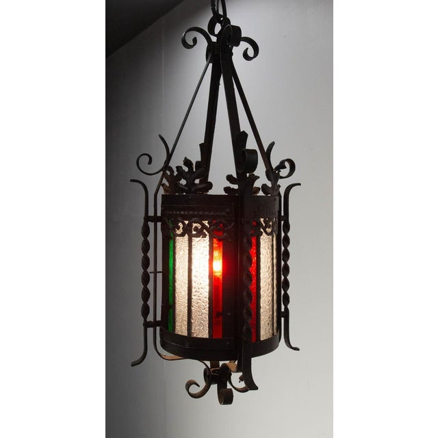 French Lustre Colored Glass & Wrought Iron Pendant Light, Late 19th Century For Sale - Image 4 of 14