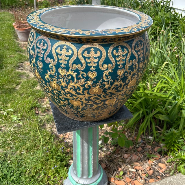 Antique Very Large Chinoiserie Enameled Porcelain Emerald Green With 24k Gold Koi Fish Planter/Jardiniere For Sale - Image 11 of 12