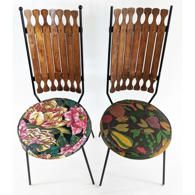 Pair of vintage Mid century Modern Arthur Umanoff for Shaver Howard Dining Chairs. Black wrought iron frame and slatted...