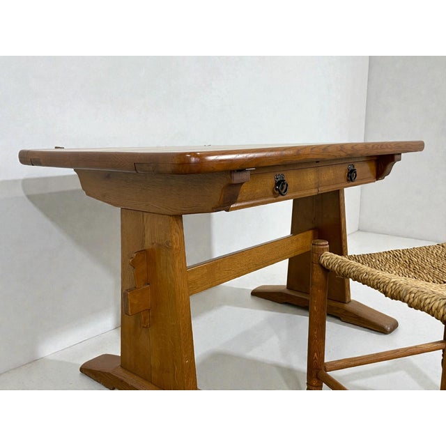 Vintage Oak Writing Desk with Trestle Base, 1940s For Sale - Image 11 of 16