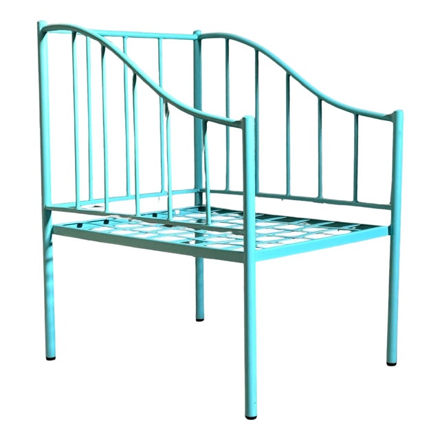 Wrought Iron Turquoise Lounge Chair for Outdoor with Grid Seat For Sale