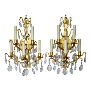 Late 19th Century French Victorian -Style, Gilded Gold & Crystal Drop 5--Candelabra Wall Light Sconces - Pair For Sale