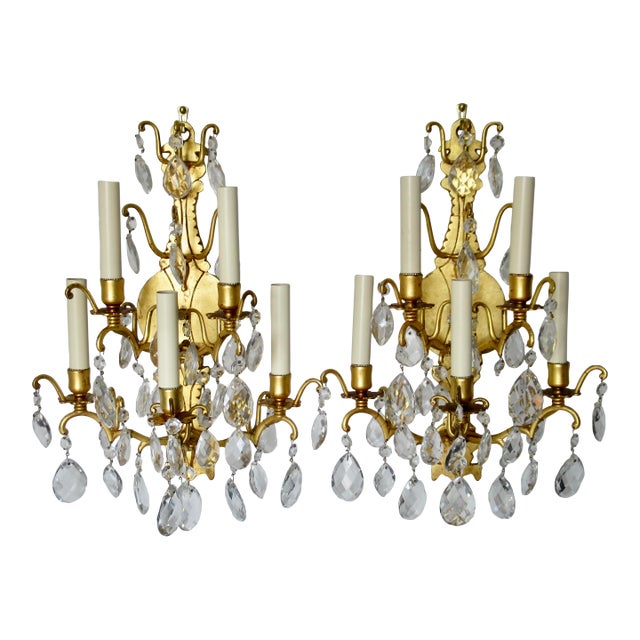 Late 19th Century French Victorian -Style, Gilded Gold & Crystal Drop 5--Candelabra Wall Light Sconces - Pair For Sale