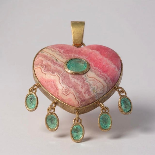 Large Rhodochrosite Heart Pendant With Emeralds & 14k Gold For Sale - Image 10 of 14