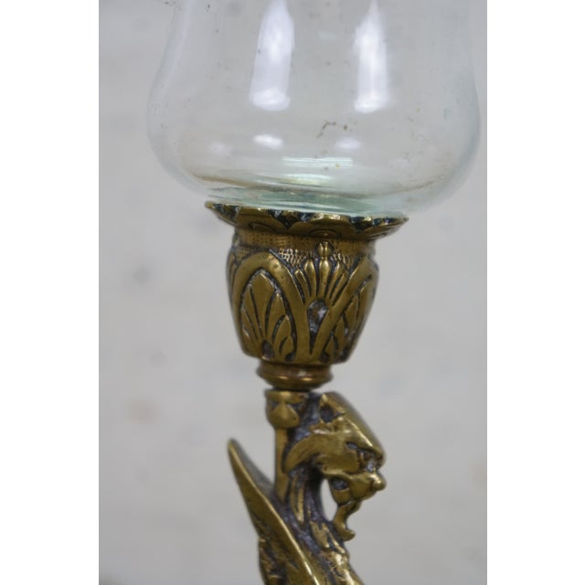 Brass Vintage Brass Griffin Dragon Sphynx Hurricane Candle Holder Chamberstick 7" For Sale - Image 8 of 14