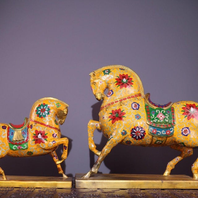 Yellow Pair of Gilt Bronze Cloisonné Enamel Horse Figures For Sale - Image 8 of 10