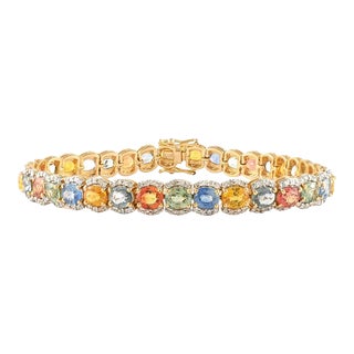 17.85 Ct Multi Sapphire Wedding Tennis Bracelet With Diamonds in 14k Yellow Gold For Sale