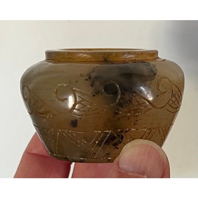 Antique 19th century Chinese mottled brown jade scholars object - small vase or pot. Perhaps used for ink. Decorated with...