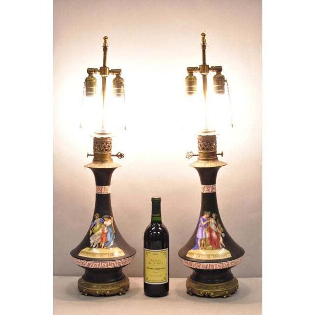 Antique French Neoclassical Bronze & Black Porcelain Painted Table Lamps - Pair For Sale - Image 12 of 15
