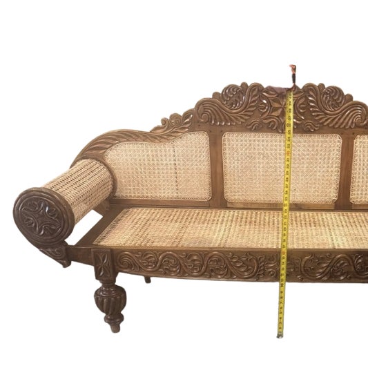 2000 - 2009 British Colonial Cane Settee With Hand-Carved Teak Wood Details For Sale - Image 5 of 13
