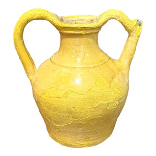 19th Century French Provence Yellow Glazed Terracotta Double-Handled Jug For Sale