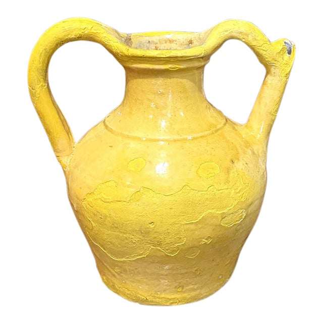 19th Century French Provence Yellow Glazed Terracotta Double-Handled Jug For Sale