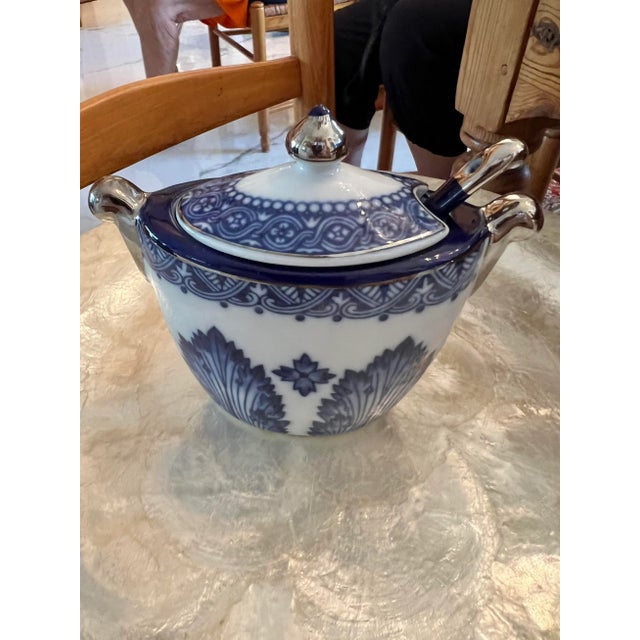 Vintage Blue & White Sugar Bowl With Spoon For Sale - Image 4 of 4