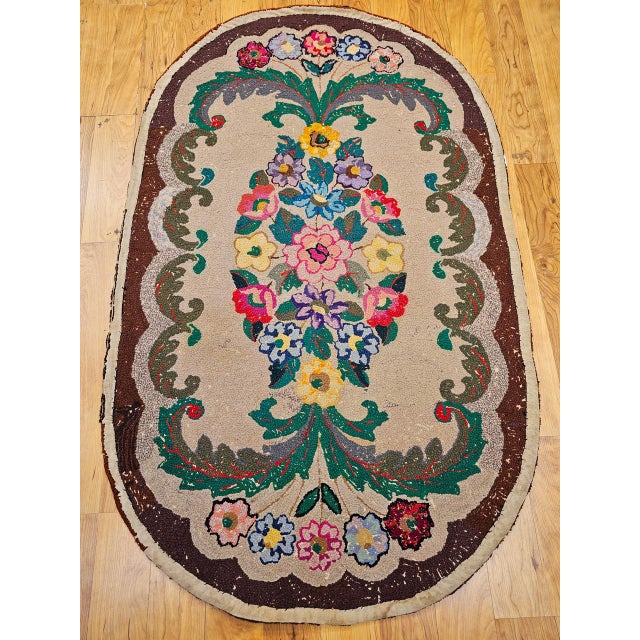 Textile Vintage American Hand Hooked Rug, Wool & Cotton, Floral Pattern, Folk Art Tapestry, 3x5 For Sale - Image 7 of 15