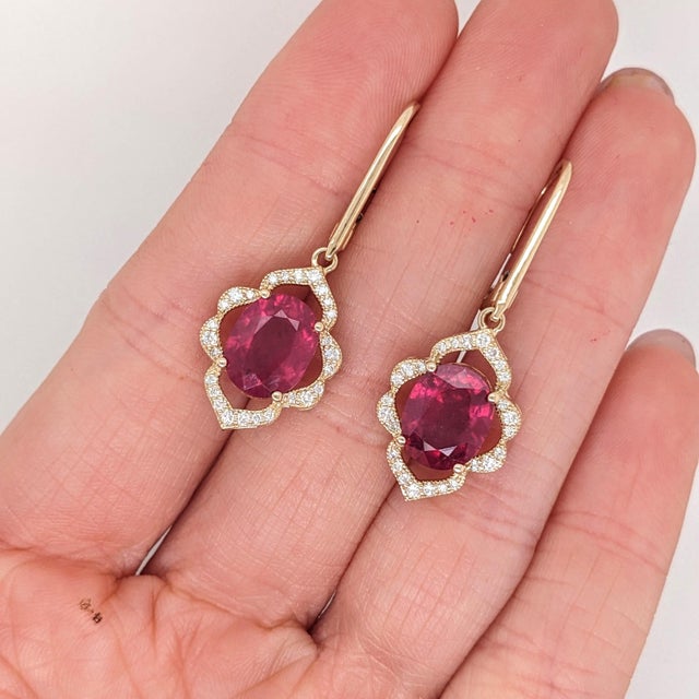 Modern Ruby Dangle Earrings With Earth Mined Diamonds: Solid 14k Gold, Oval 10x8mm, Pair For Sale - Image 3 of 7