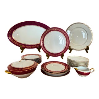 Mid-Century Porcelain Dinner Service with Ruby Red and Gilt Frieze from Limoges, 1950, Set of 26 For Sale