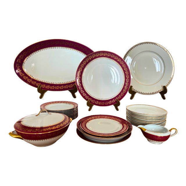 Mid-Century Porcelain Dinner Service with Ruby Red and Gilt Frieze from Limoges, 1950, Set of 26 For Sale