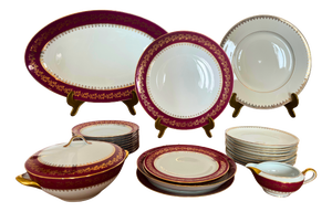 Mid-Century Porcelain Dinner Service with Ruby Red and Gilt Frieze from Limoges, 1950, Set of 26