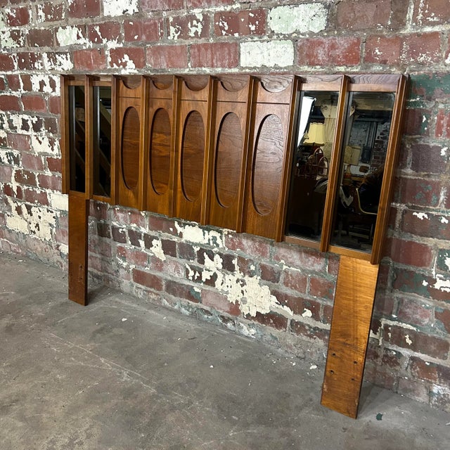 Mid century modern brutalist full headboard by Tabago with mirrored accents. Made in Canada.