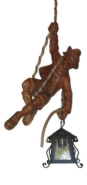 Vintage Carved Wooden Pendant Lamp Mountain Climber & Lantern in Black Forest Style, 1960s