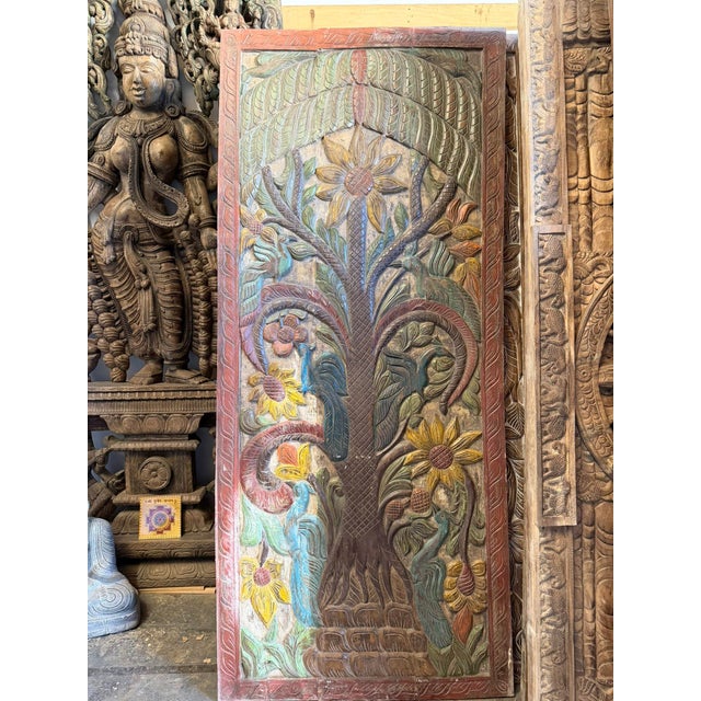 Vintage Hand-Carved Tree of Dreams Wood Barn Door Wall Panel With Peacock & Sunflower 84x36 For Sale In Orlando - Image 6 of 7