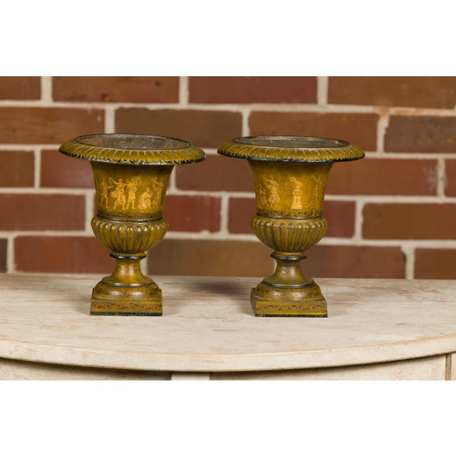Neoclassical Early 20th Century Pair of Neoclassical Style Iron Planters with Liners and Mythological Figures For Sale - Image 3 of 12