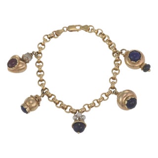 14k Yellow Gold Lapis Pearls Ruby Charms Chain Bracelet For Sale