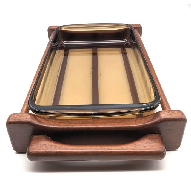 Mid-Century Modern 1970s Teak Wood Casserole Cradle With Smoke Brown Glass Baking Pan, 2 Piece Set For Sale - Image 3 of 11