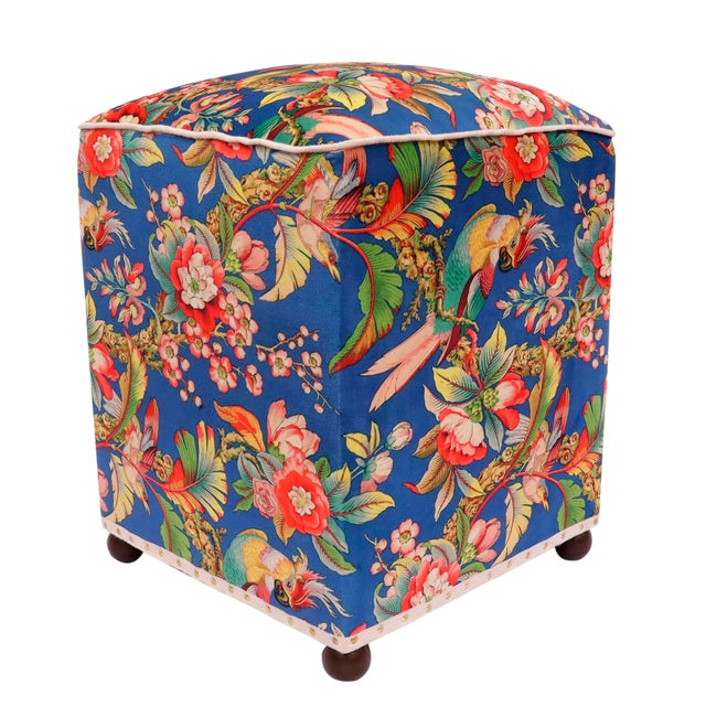 Shabby Chic Edwardian Parrot Velvet Upholstered Ottoman For Sale - Image 9 of 9