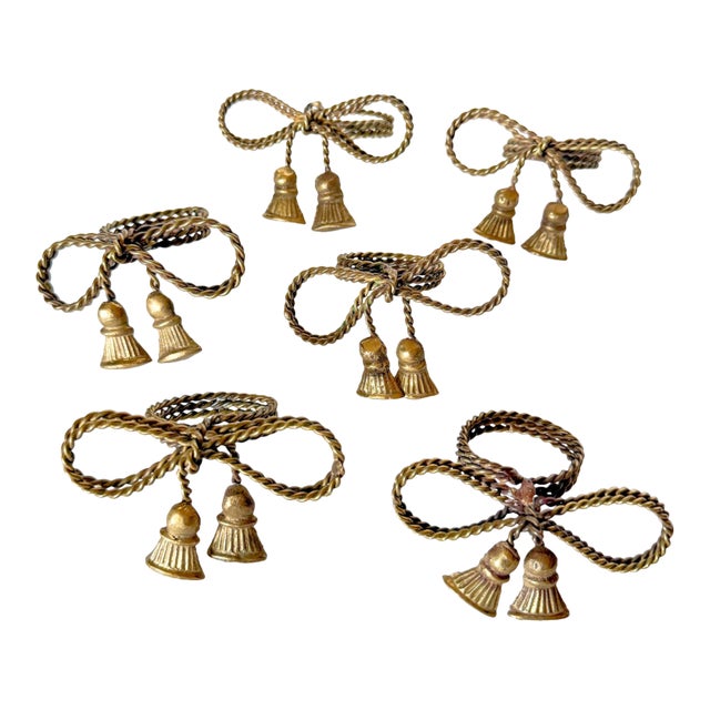 Vintage Brass Tassel Bow Napkin Rings - Set of 6 For Sale