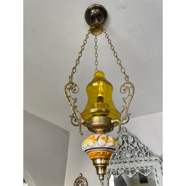 Victorian Vintage Brass Cast Pendant With Handblown Glass For Sale - Image 3 of 11