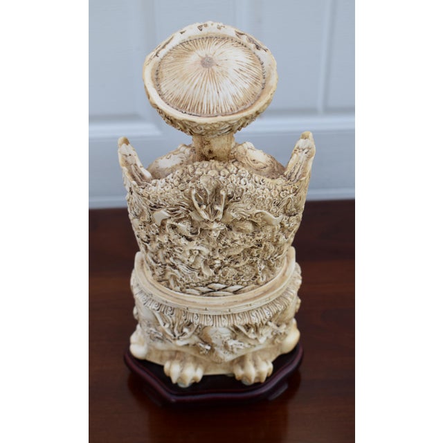 Vintage Emperor Resin Statue Chinese Faux Ivory Carved Figurine Dragon Throne For Sale - Image 15 of 15