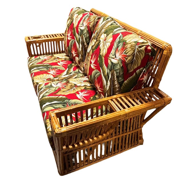 Beige 1990s Deco Style "Presidents" Stick Reed Rattan Nantucket 3-Seat Sofa, Floral Cushions For Sale - Image 8 of 8
