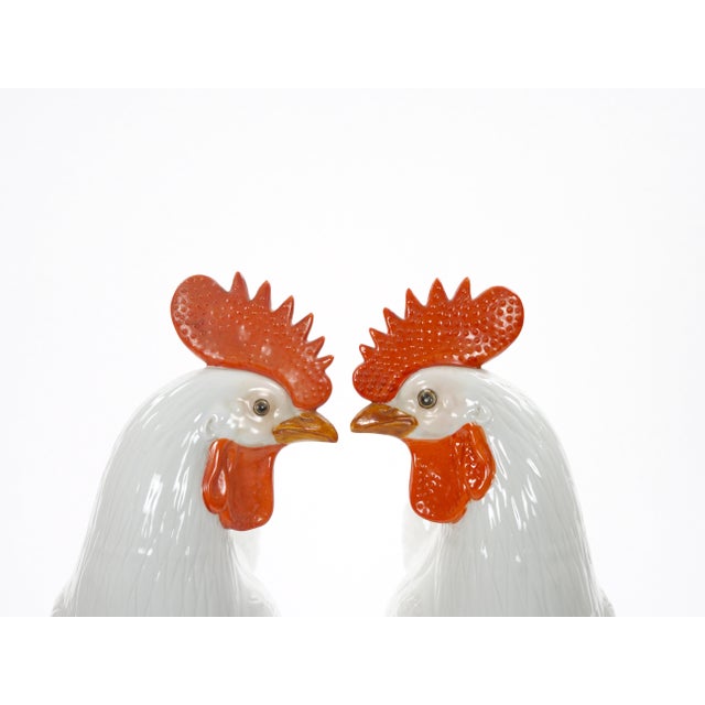 Large Pair of 1930's Chinese Porcelain Rooster Figures / Polychrome Decoration For Sale - Image 9 of 11