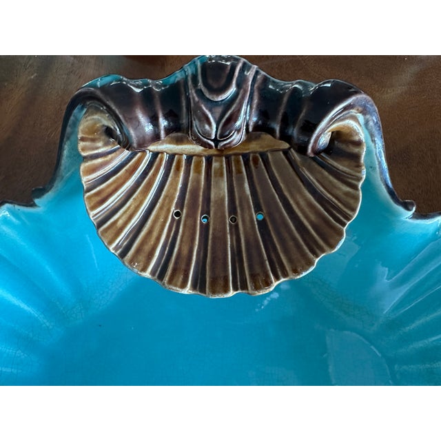 Striking 19th Century Sarreguemines Aqua/Turquoise Majolica shell. Measures 15 1/2” wide, 12” deep, 5” tall. Very rare...