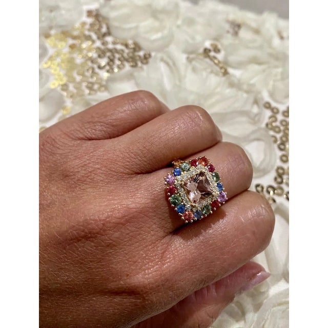 4.05 Carat Morganite Sapphire Diamond Yellow Gold Cocktail Ring Size 7 For Sale In Los Angeles - Image 6 of 7