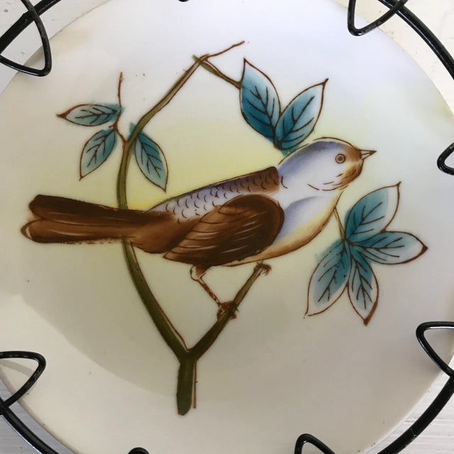 Hand Painted Birds on Porcelain Plates in Floral Pattern Wire Frame - Set of 3 For Sale - Image 9 of 13