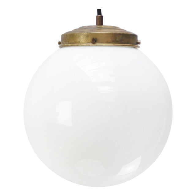 Mid-20th Century Opaline Glass Globe Pendant Light with Brass Top For Sale