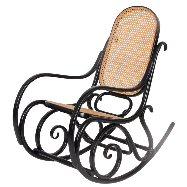 Rocking Chair in Black Lacquered Wood and French Wicker in the style of Thonet, 1970s For Sale