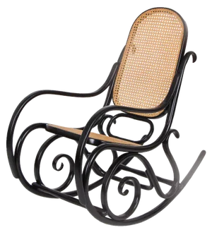 Rocking Chair in Black Lacquered Wood and French Wicker in the style of Thonet, 1970s