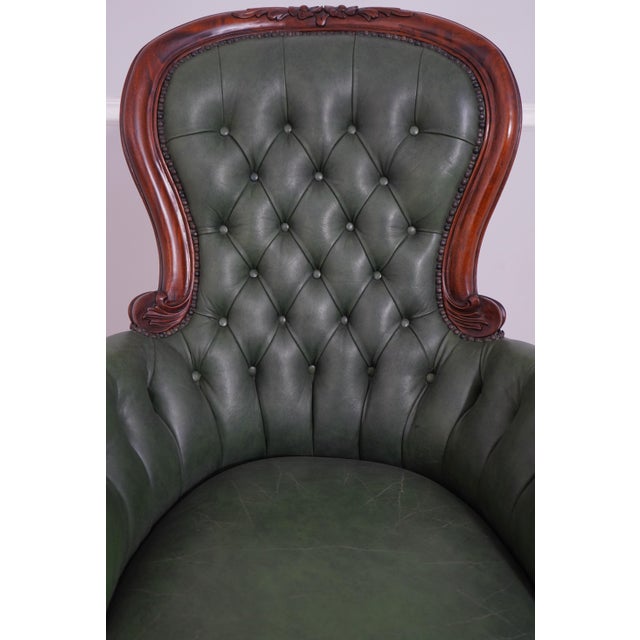Carved Mahogany Frame Green Leather Office Desk Chair For Sale In Philadelphia - Image 6 of 18