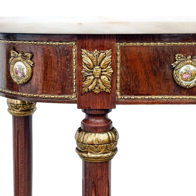 Vintage Louis XVI Revival Marble-Top Mahogany Console Table With Ormolu Mounts & Porcelain Medallions For Sale - Image 13 of 16