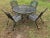 Perfect for your outdoor space! The table measures 47x26 and the chairs measure 18x26.5x34.5 Very sturdy No maker’s mark...