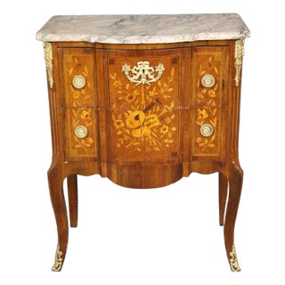 Instrumental Inlaid Kingwood and Satinwood Marble Top French Louis XV Commode For Sale